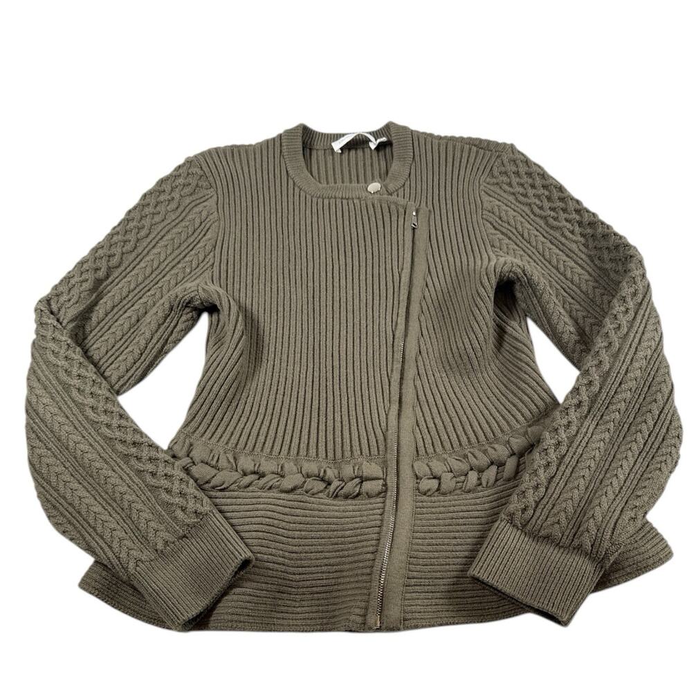 SIMKHAI Andi Mixed Knit Peplum Jacket Olive Zip Front Cotton Size M